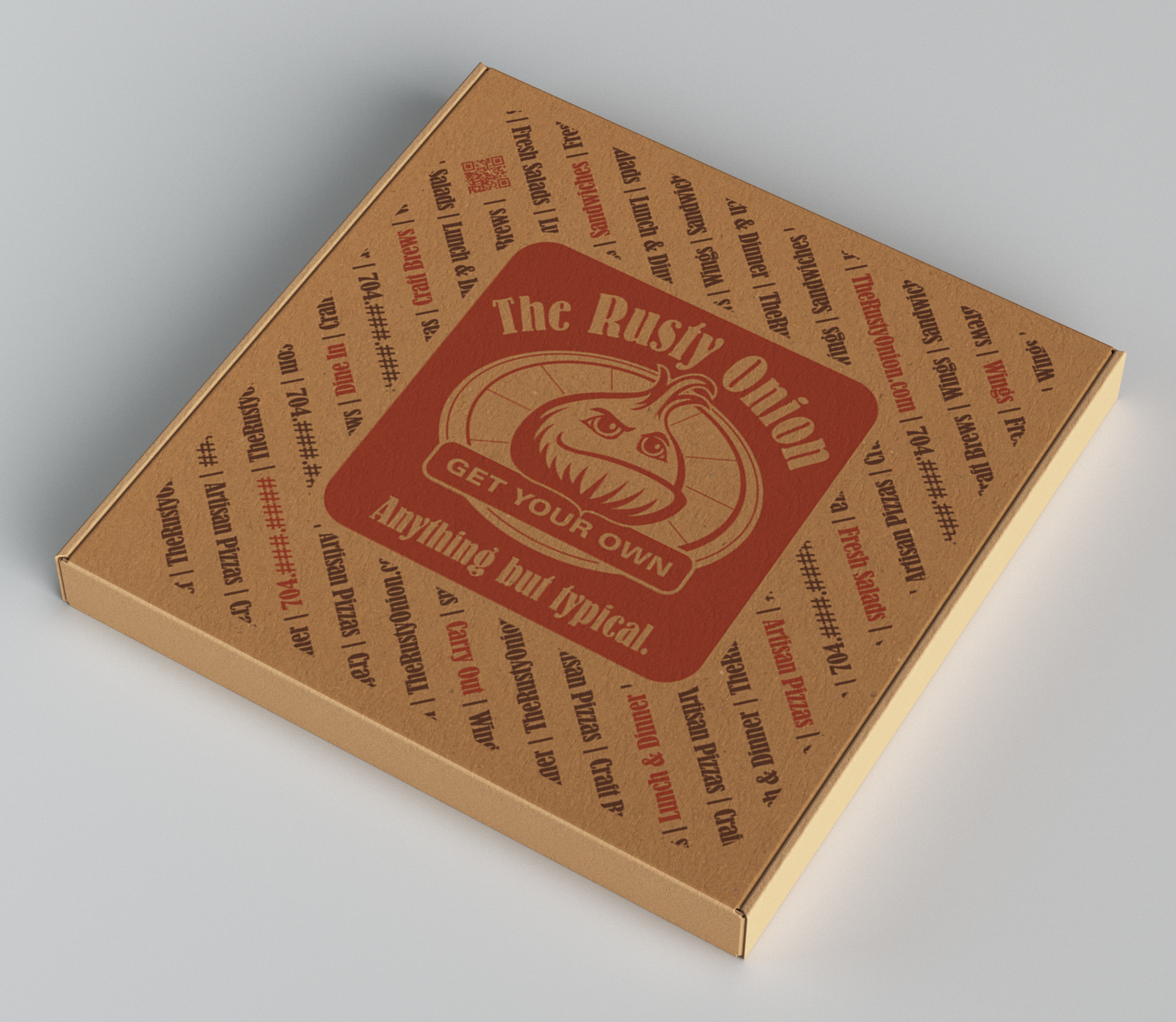 Pizza box with the Rusty Onion logo set in red in the center with brown text listing the full restaurant product offering all around rotated at 45 degrees and flipped every other line. Seveal words are set in red to draw attention to the full product offering of the restaurant