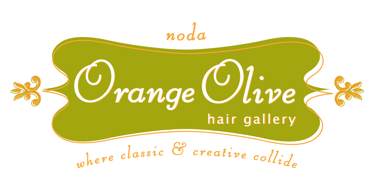 The logo for Orange Olive Hair Gallery features the name of the salon, set in a ribbon-like typeface in olive green and a bright citrus orange color, with fluer-de-lis flourishes and fine lines that form a bow tie shape and a tagline that reads 'Where classic and creative collide'