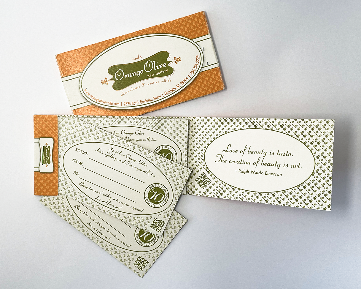 A matchbook style booklet of referral cards with ten cards per booklet, each worth a ten dollar salen credit for both referrer and referree.