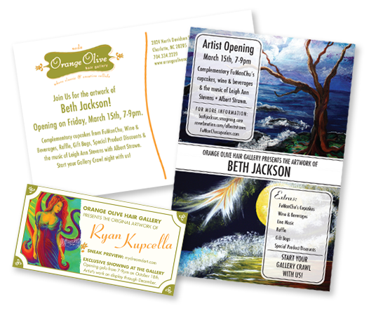 A package that contains several artifacts to hand out at the salon to promote the next featured artist opening night celebration at Orange Olive Hair Gallery in Charlotte NC