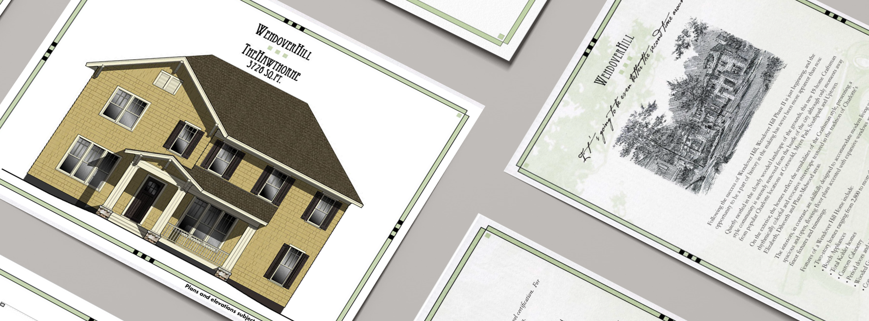 A mockup showing an assortment of flyers with house plans, front elevations, site maps, and marketing copy laid out in a grid