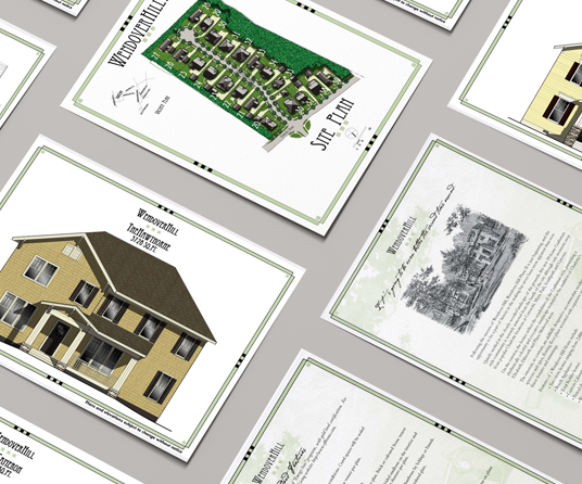 A mockup showing an assortment of flyers with house plans, front elevations, site maps, and marketing copy laid out in a grid