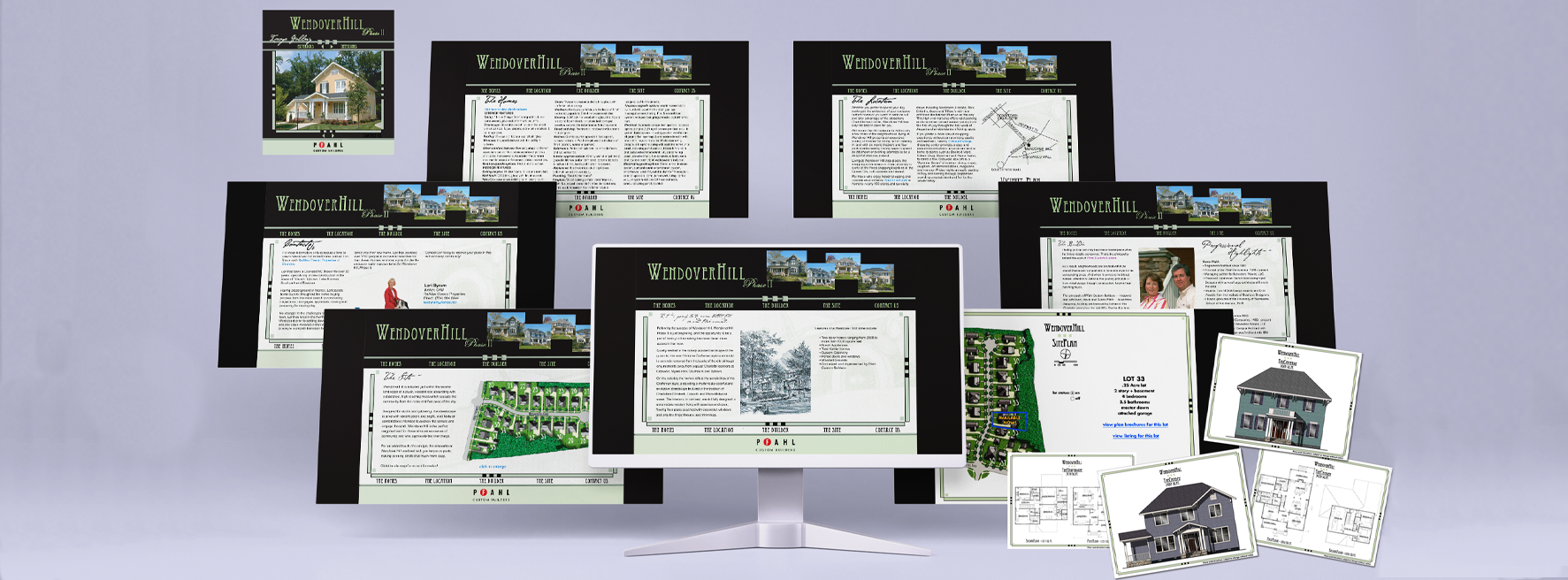A mockup showing seven pages of a website along with additional features including an image gallery and digital brochures