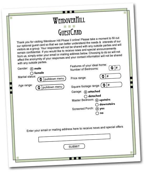A mockup showing a contact form presented as a guest survey card to gather demographic information and to provide a way for site visitors to request to be contacted by the realtor