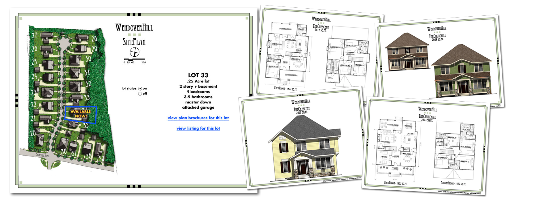 A mockup showing an interactive lot browser that allows the user to select a lot, then view plans that can be built on it, or view the listing to purchase it