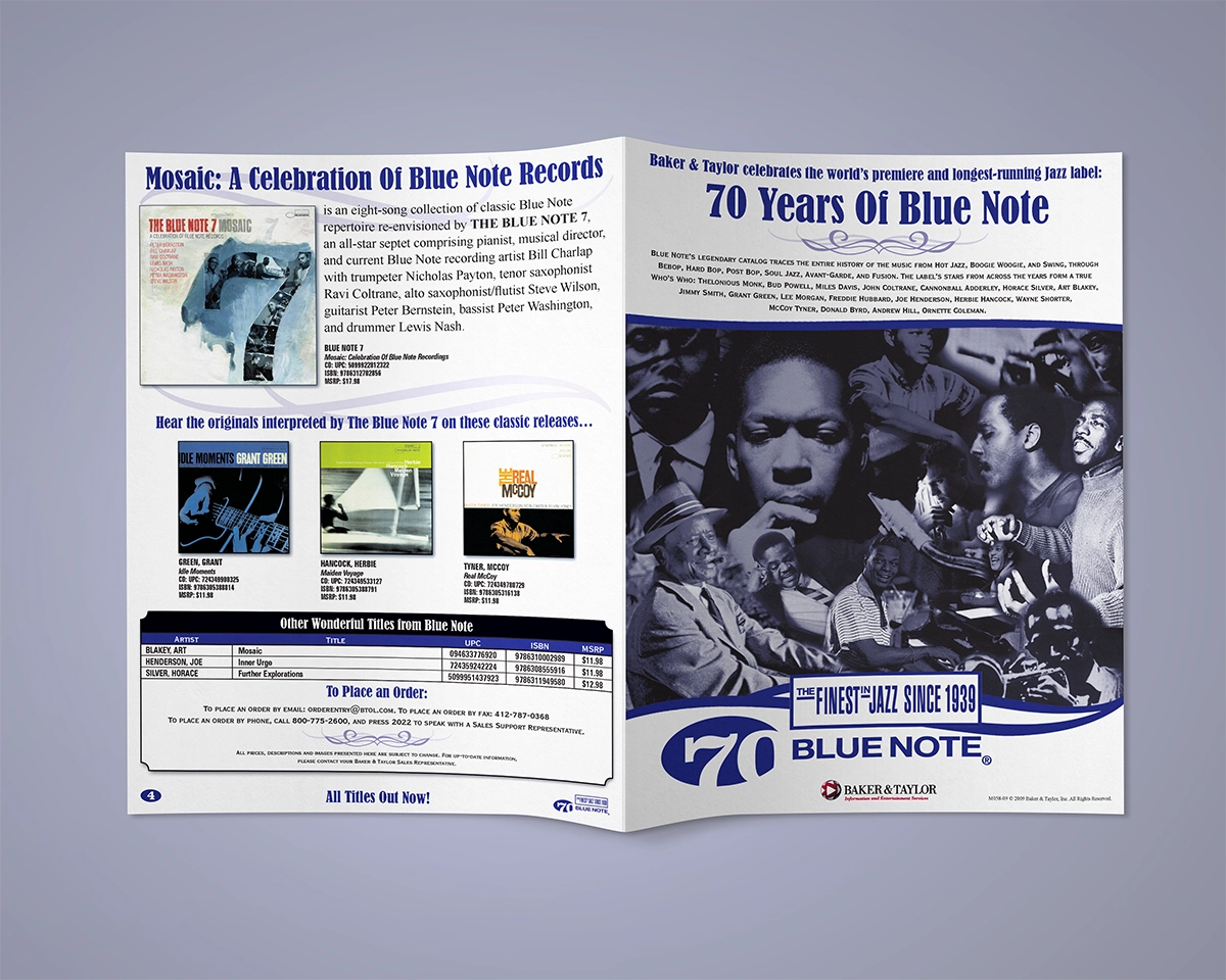 A mockup of a bifold menu featuring titles from the legendary Blue Note Jazz music label. The catalog leans into a blue and white color palette, with duotone images that refer back to earlier days when news print was an everyday aesthetic.