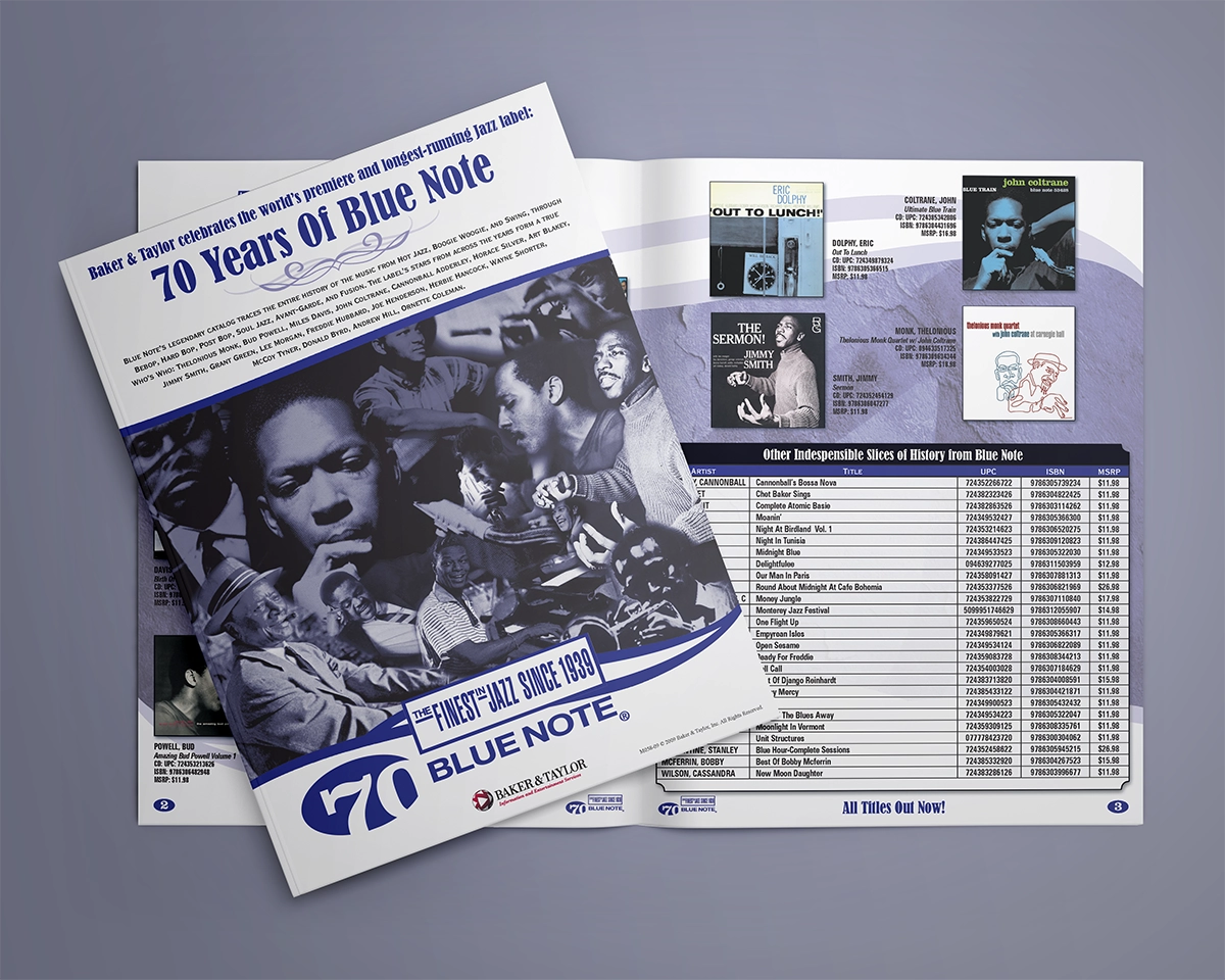 A mockup of a bifold catalog featuring titles from the legendary Blue Note Jazz music label. The catalog leans into a blue and white color palette, with duotone images that refer back to earlier days when news print was an everyday aesthetic.