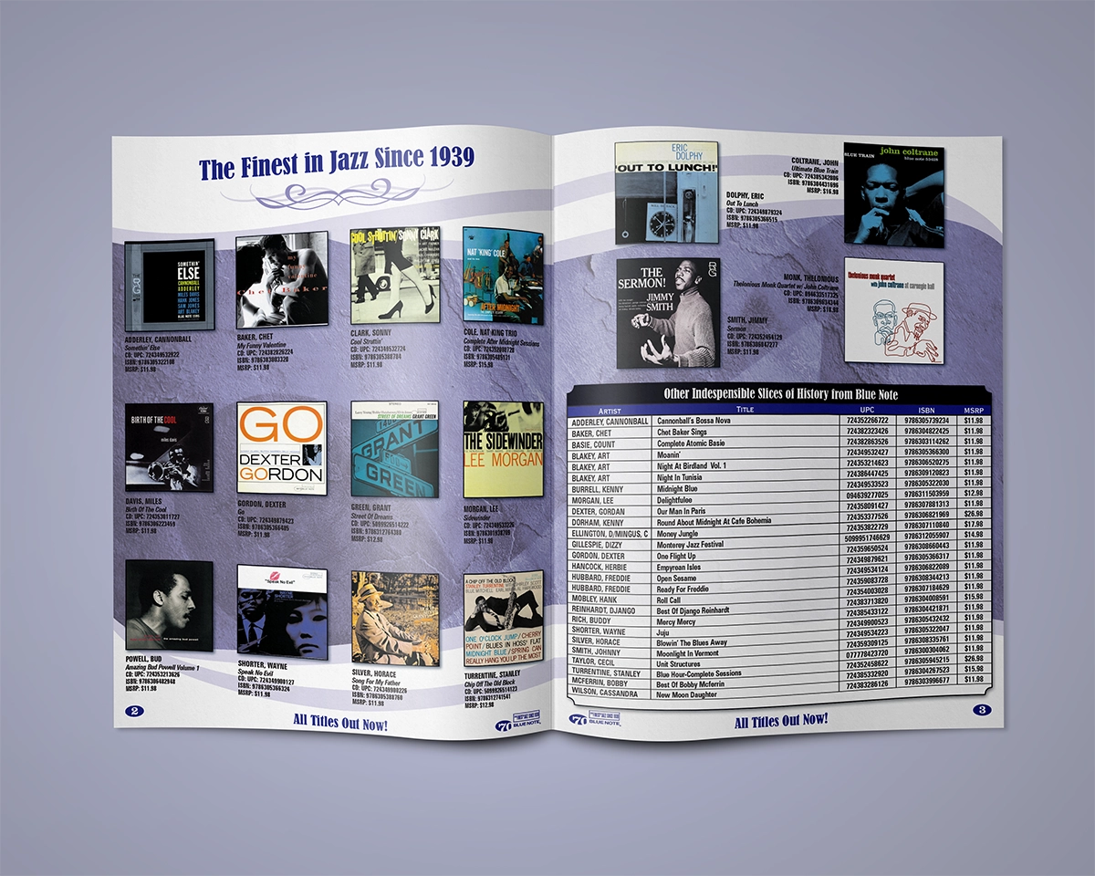 A mockup of a bifold menu featuring titles from the legendary Blue Note Jazz music label. The catalog leans into a blue and white color palette, with duotone images that refer back to earlier days when news print was an everyday aesthetic.