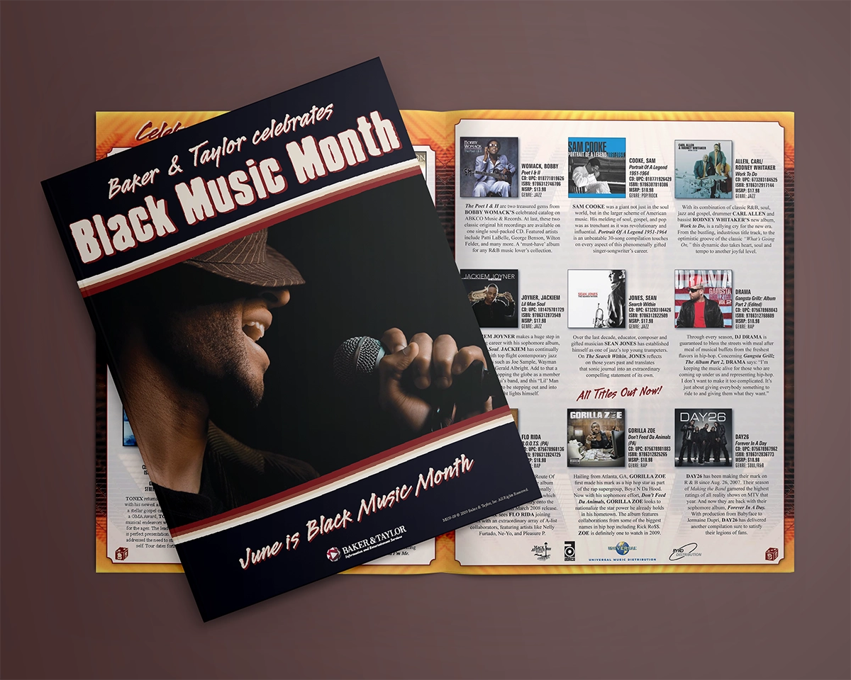 A mockup of a bifold catalog featuring music from black artists. The imagery includes a close up of an artist who resembles Usher from profile, singing into a microphone, with a color palette of warm neutrals, reds, and oranges, and weathered block typefaces with an urban appeal.