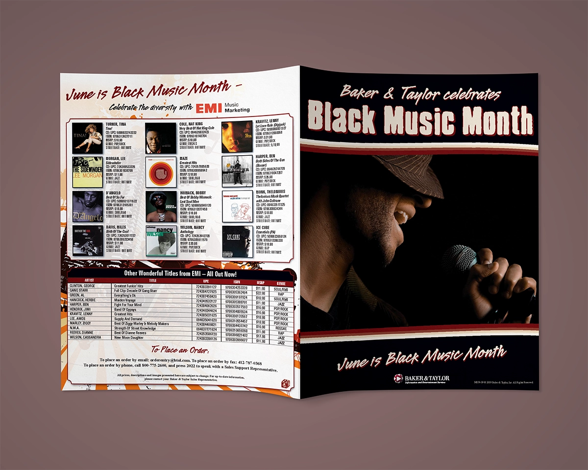 A mockup of a bifold catalog featuring music from black artists. The imagery includes a close up of an artist who resembles Usher from profile, singing into a microphone, with a color palette of warm neutrals, reds, and oranges, and weathered block typefaces with an urban appeal.