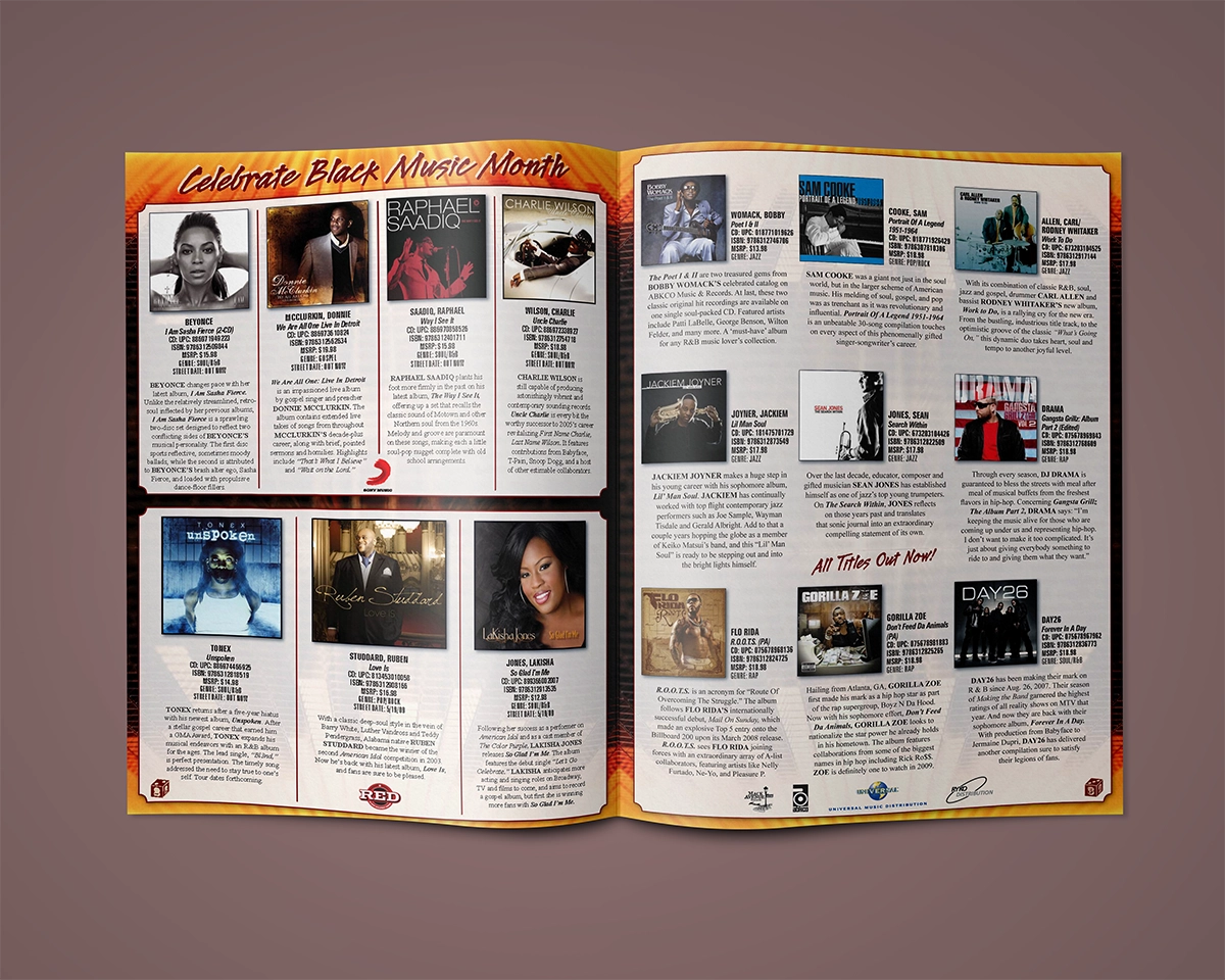 A mockup of a bifold catalog featuring music from black artists. The imagery includes a close up of an artist who resembles Usher from profile, singing into a microphone, with a color palette of warm neutrals, reds, and oranges, and weathered block typefaces with an urban appeal.