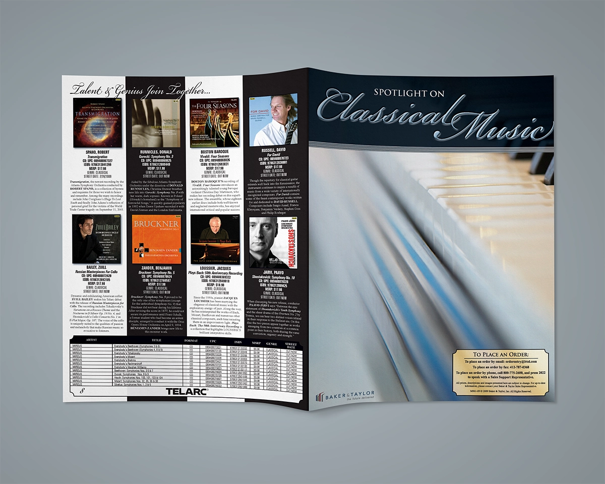 A mockup of a multi-page bifold catalog featuring classical music titles. The imagery includes a close up of the keyboard of a piano and a hand carved violin from a museum, with soft blue and warm neutral hues for the color palette and elegant script typefaces.