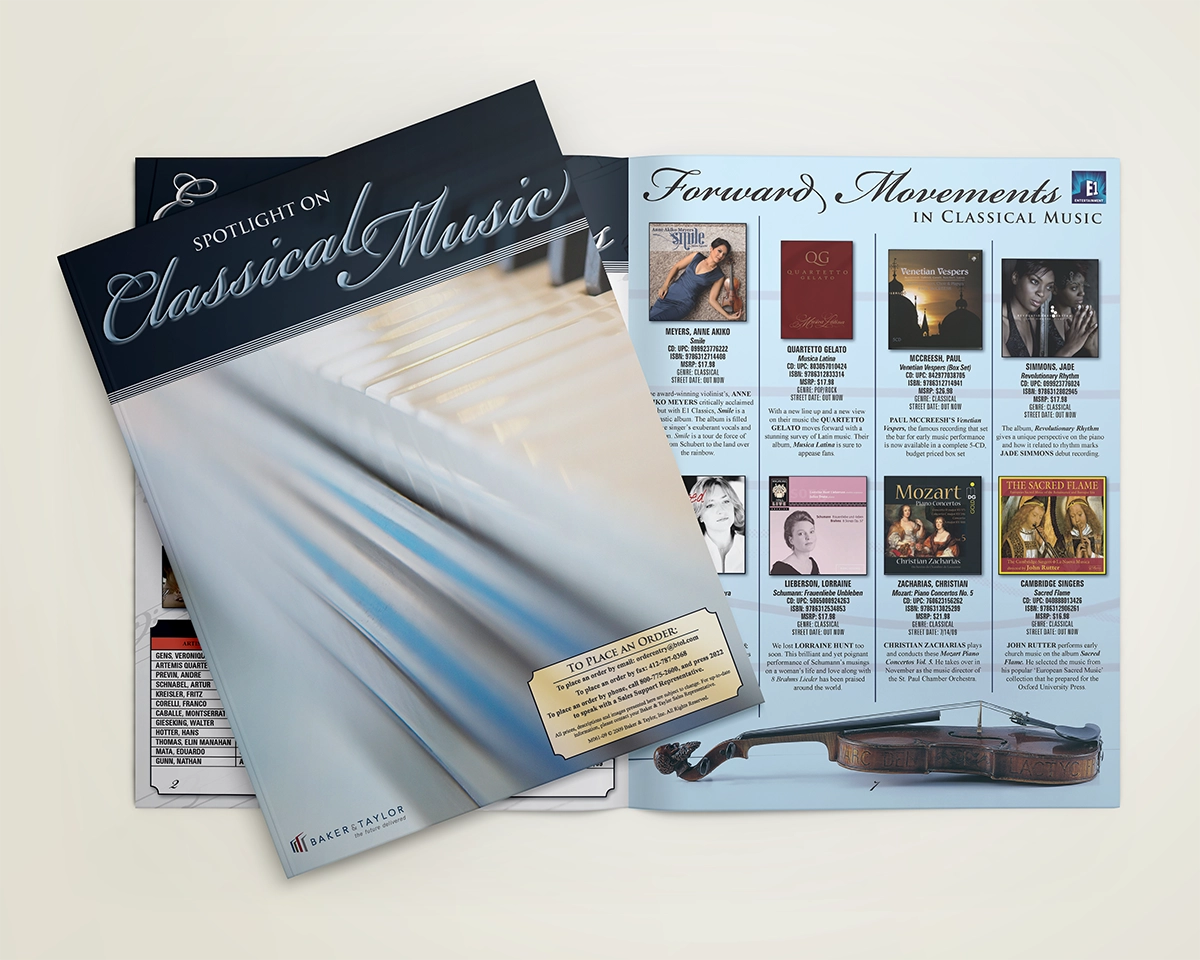 A mockup of a multi-page bifold catalog featuring classical music titles. The imagery includes a close up of the keyboard of a piano and a hand carved violin from a museum, with soft blue and warm neutral hues for the color palette and elegant script typefaces.