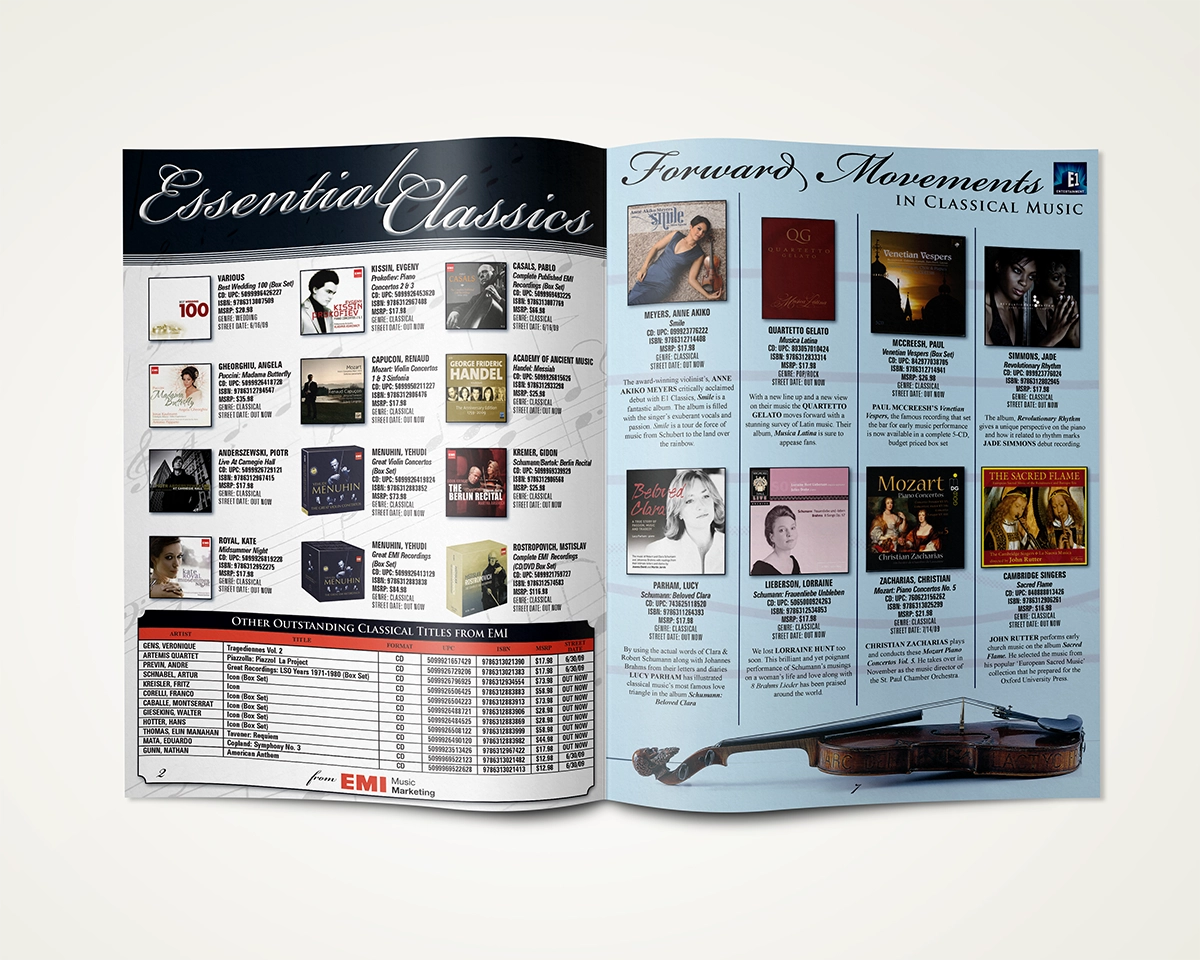 A mockup of a multi-page bifold catalog featuring classical music titles. The imagery includes a close up of the keyboard of a piano and a hand carved violin from a museum, with soft blue and warm neutral hues for the color palette and elegant script typefaces.