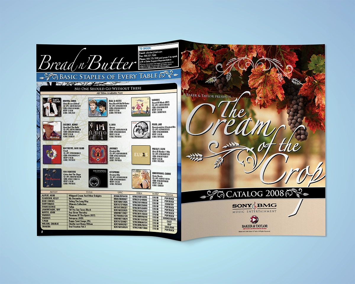 A mockup of a multipage bifold catalog featuring titles considered to be staples of any good music collection. The imagery and wording used in the catalog depict pastoral scenes and figures of speech that refer to the bounty produced by a good year for crops.