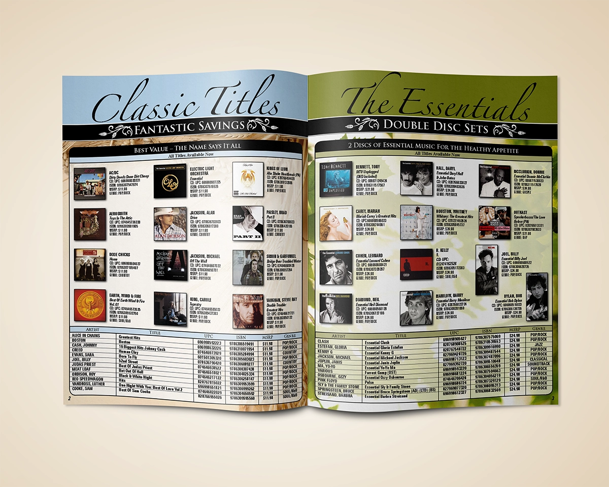 A mockup of a multipage bifold catalog featuring titles considered to be staples of any good music collection. The imagery and wording used in the catalog depict pastoral scenes and figures of speech that refer to the bounty produced by a good year for crops.