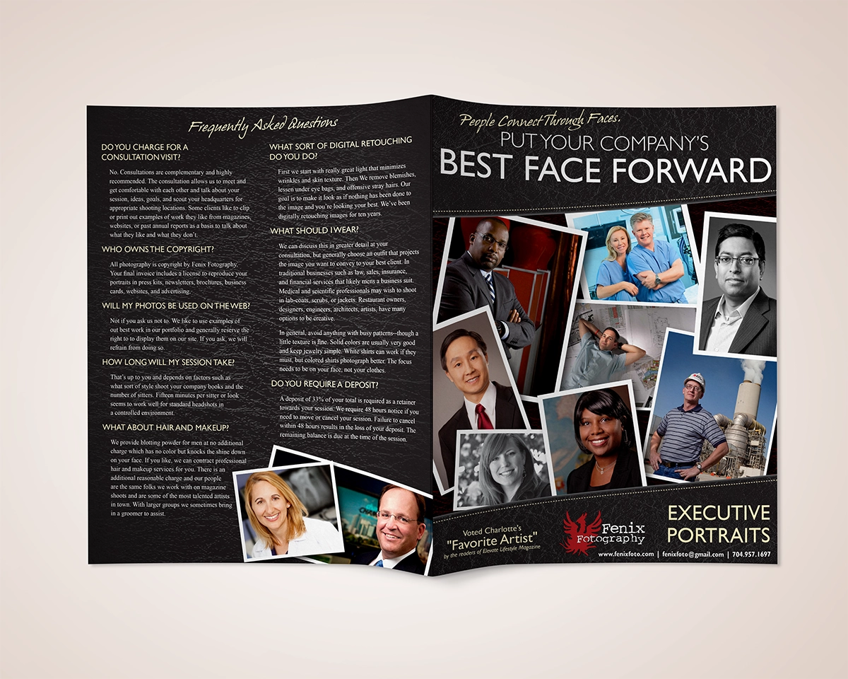 A mockup of a bifold brochure showing the work of Fenix Photography for corporate headshots in the Charlotte Metro area. The brochure uses a leather texture that resembles a camera body with the stitching of a leather folio and the headshot photography of Fenix throughout.