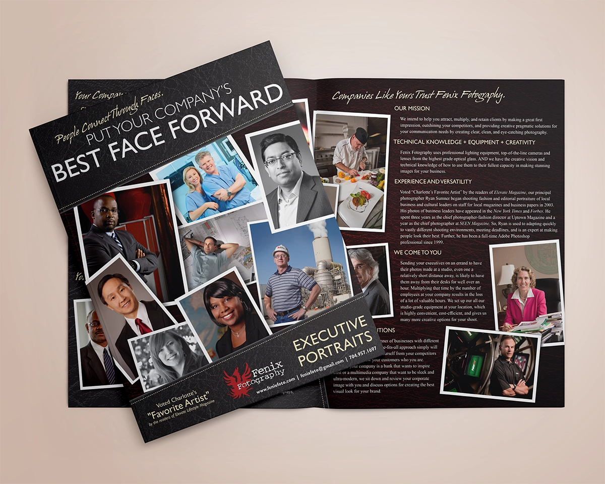 A mockup of a bifold brochure showing the work of Fenix Photography for corporate headshots in the Charlotte Metro area. The brochure uses a leather texture that resembles a camera body with the stitching of a leather folio and the headshot photography of Fenix throughout.