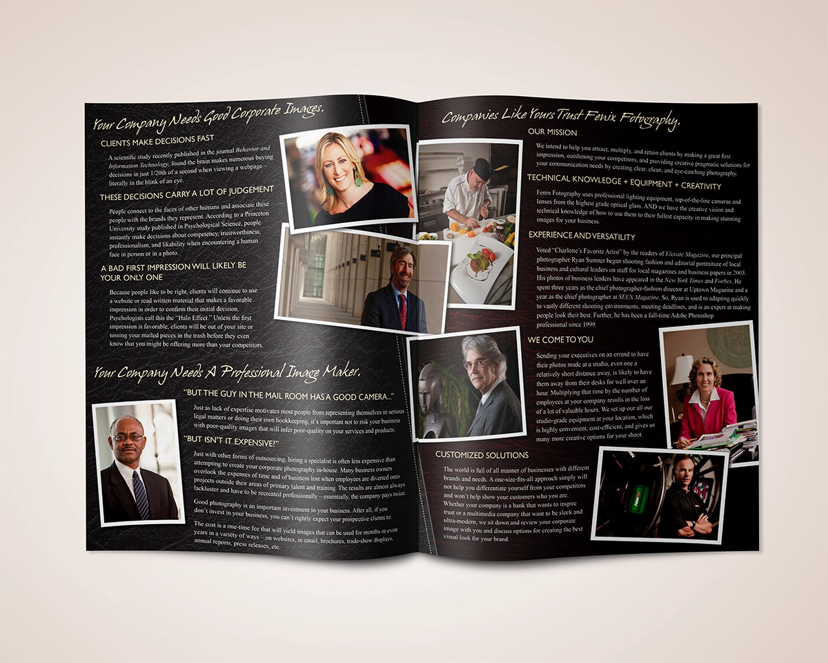 A mockup of a bifold brochure showing the work of Fenix Photography for corporate headshots in the Charlotte Metro area. The brochure uses a leather texture that resembles a camera body with the stitching of a leather folio and the headshot photography of Fenix throughout.