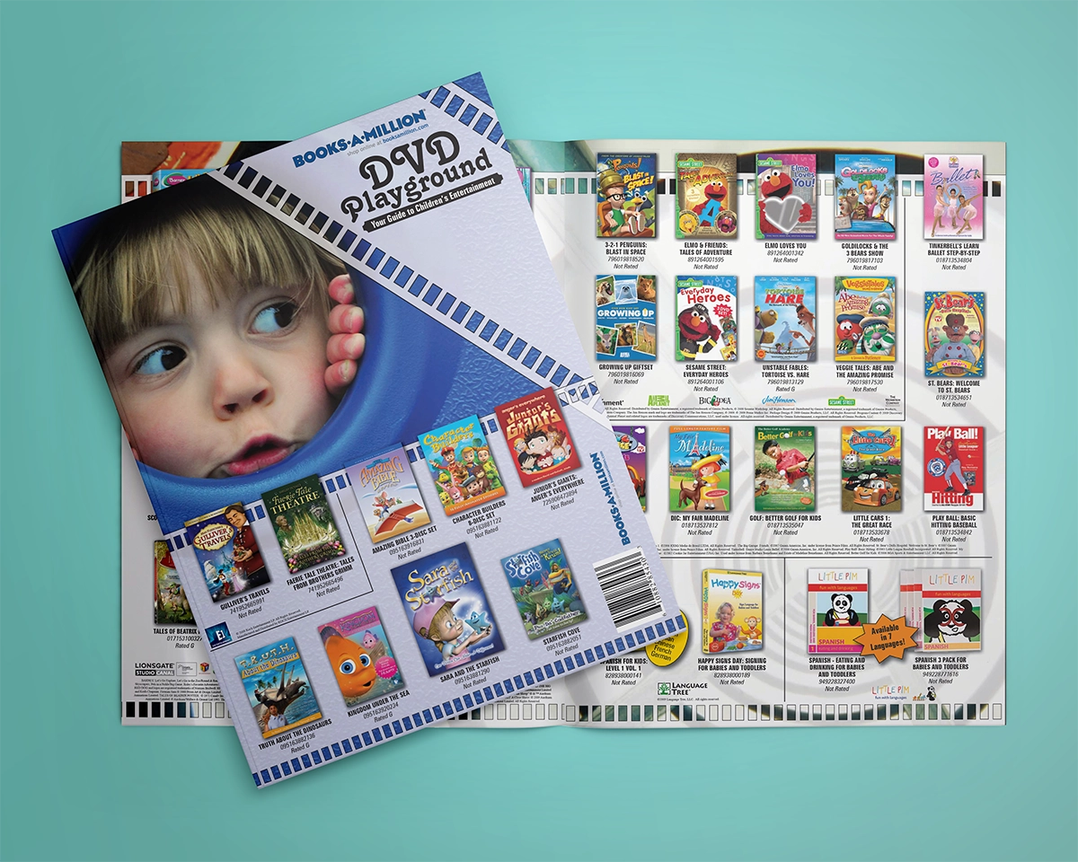 A mockup of a trifold catalog featuring titles for kids. The cover shows a child looking through a ubmarine-style portal on a playground toy, and the other panels feature playground imagery including sidewalk chalk and swings.