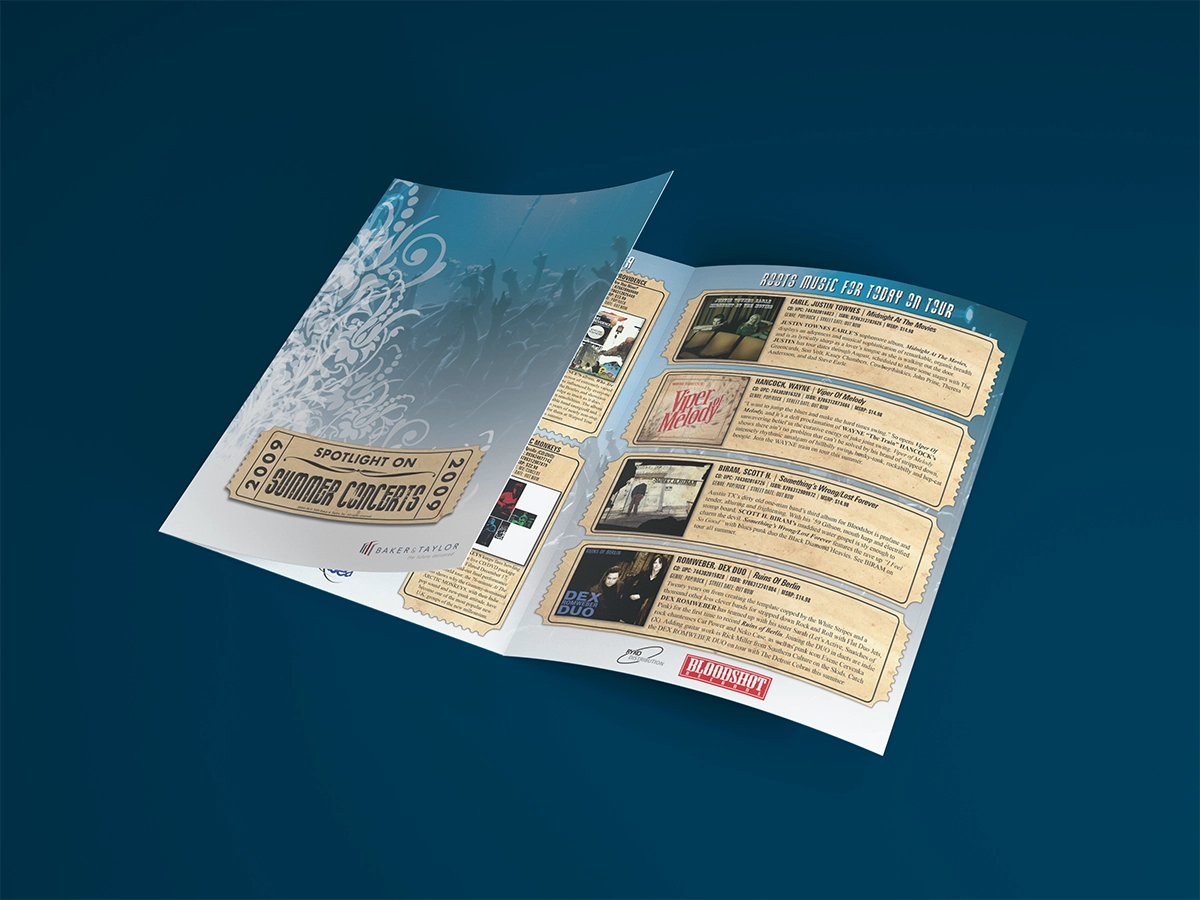 A mockup of a trifold brochure showing a listing of CDs from artists who are currently on tour. The brochure is stylized to present each CD on it's own ticket, and the brochure uses a brown paper texture for each ticket set on a light blue and white background with overlays of crowds cheering at concerts