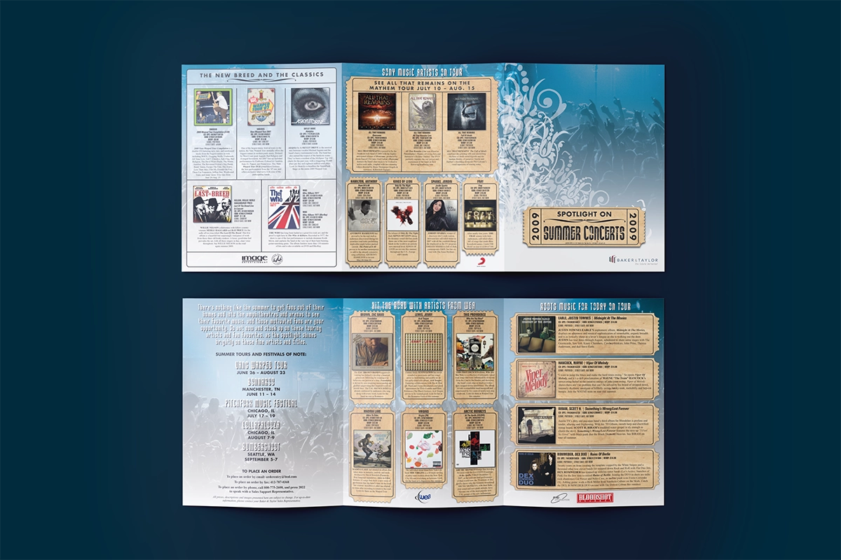 A mockup of a trifold brochure showing a listing of CDs from artists who are currently on tour. The brochure is stylized to present each CD on it's own ticket, and the brochure uses a brown paper texture for each ticket set on a light blue and white background with overlays of crowds cheering at concerts