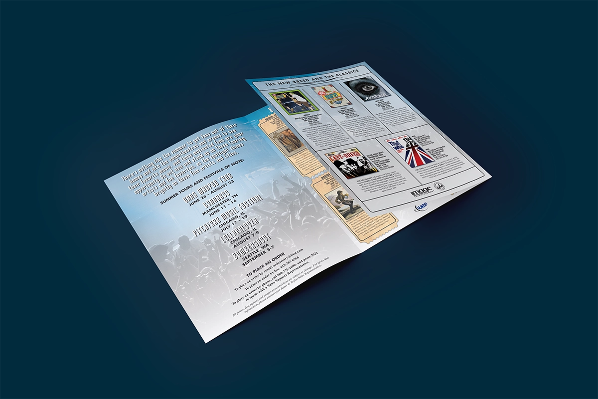 A mockup of a trifold brochure showing a listing of CDs from artists who are currently on tour. The brochure is stylized to present each CD on it's own ticket, and the brochure uses a brown paper texture for each ticket set on a light blue and white background with overlays of crowds cheering at concerts