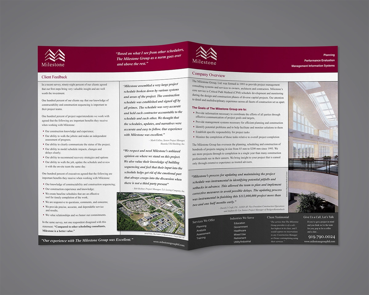 A mockup of a bifold brochure advertising the services of The Milestone Group. The brochure uses gray, burgundy, and cream colors, and features images of large scale construction projects for which The Milestone Group has provided project management.
