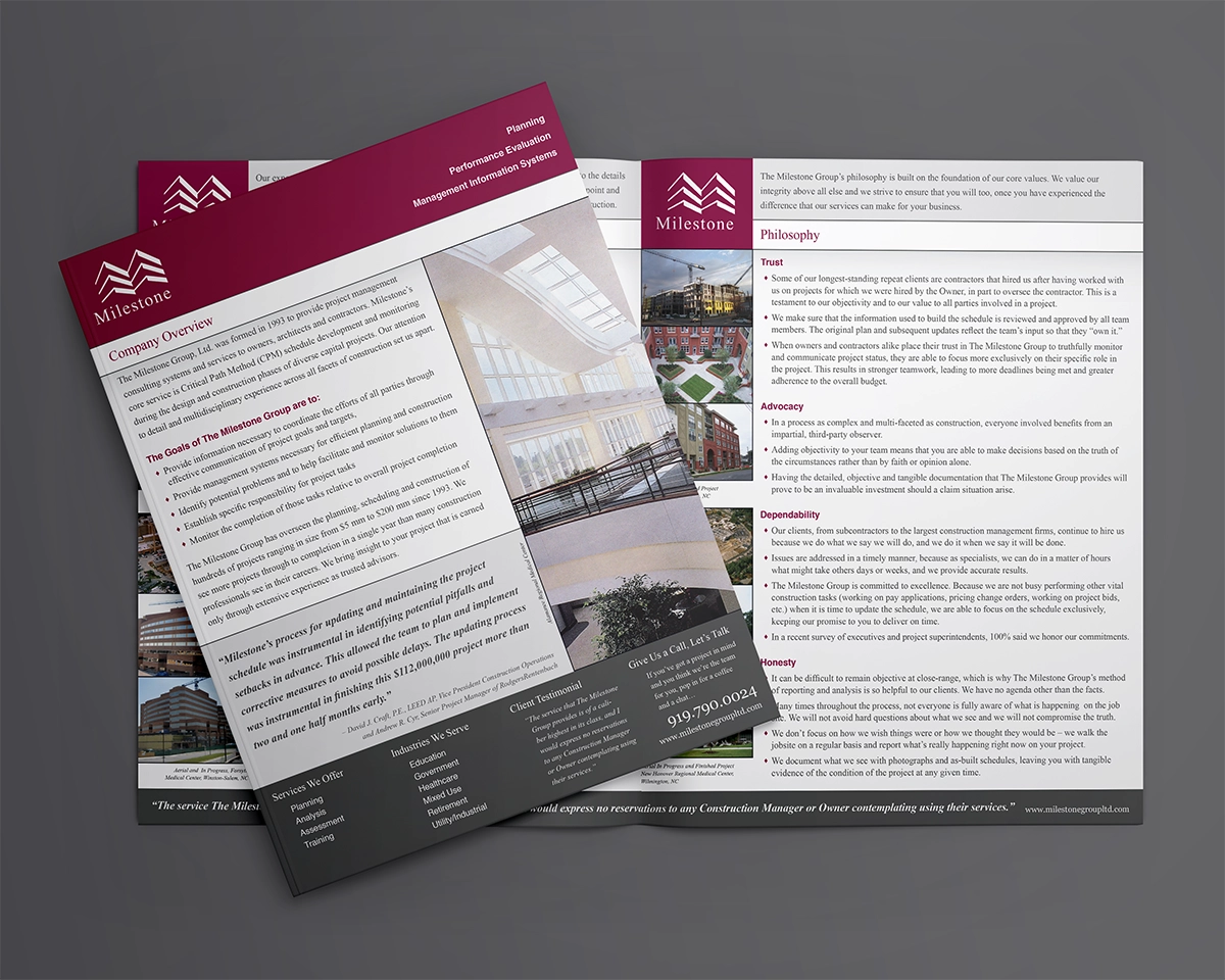A mockup of a bifold brochure advertising the services of The Milestone Group. The brochure uses gray, burgundy, and cream colors, and features images of large scale construction projects for which The Milestone Group has provided project management.