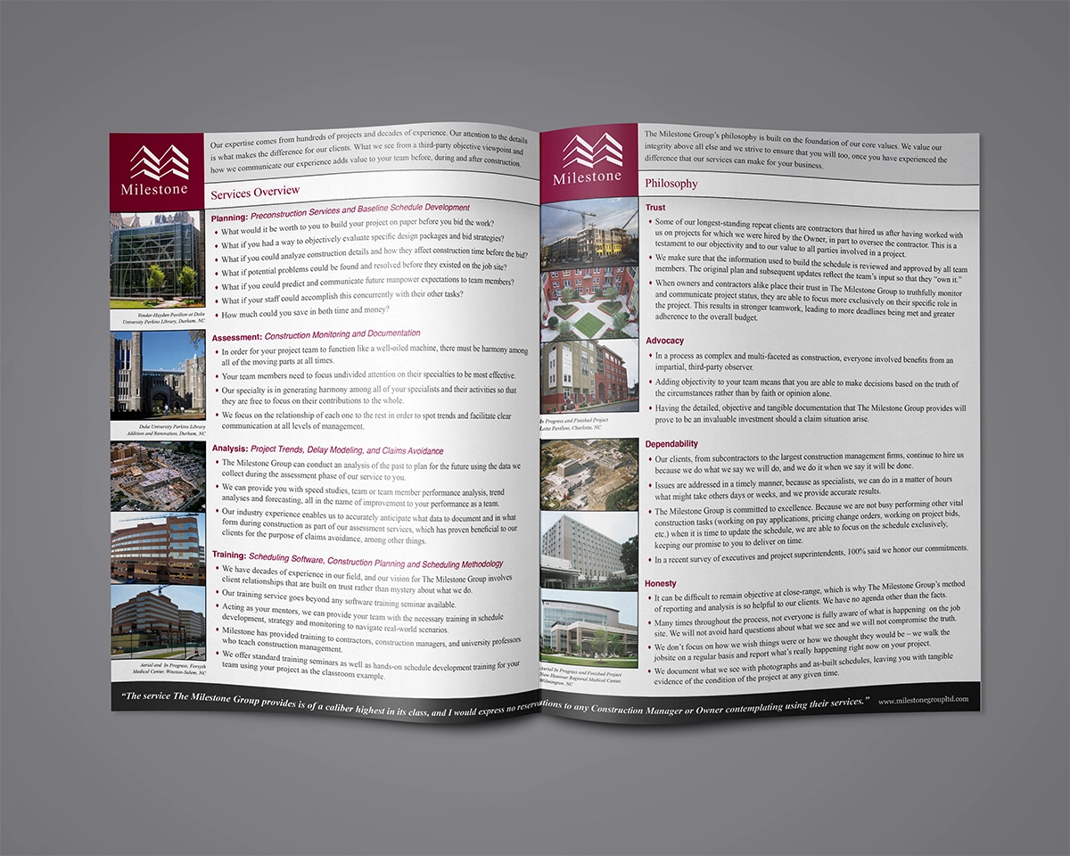 A mockup of a bifold brochure advertising the services of The Milestone Group. The brochure uses gray, burgundy, and cream colors, and features images of large scale construction projects for which The Milestone Group has provided project management.