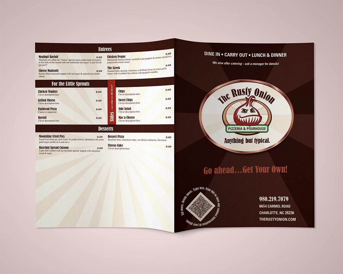 A mockup of a bifold menu featuring the unique food offerings of The Rusty Onion, a Charlotte NC area pizzeria that specializes in pizza, wings, and salads with homemade salad dressings
