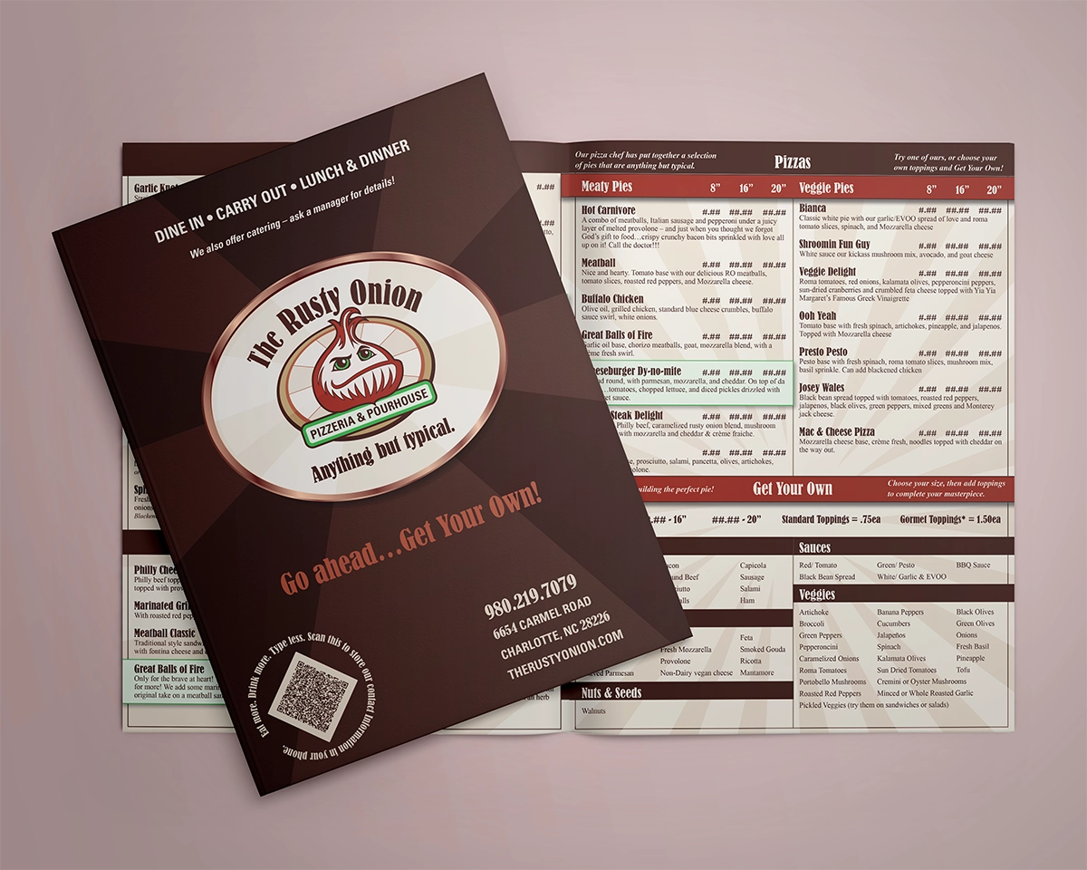 A mockup of a bifold menu featuring the unique food offerings of The Rusty Onion, a Charlotte NC area pizzeria that specializes in pizza, wings, and salads with top-secret recipe homemade salad dressings