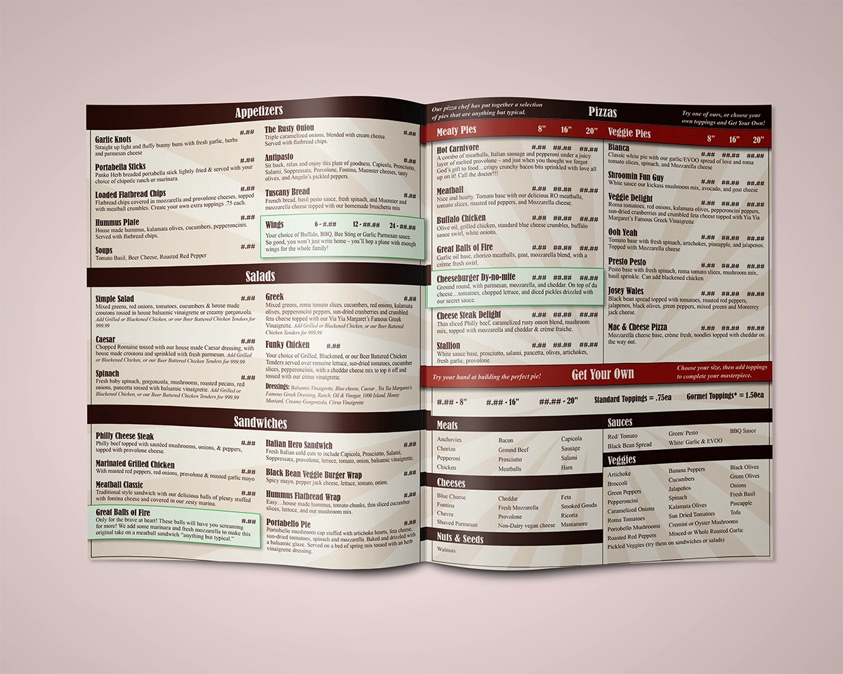 A mockup of a bifold menu featuring the unique food offerings of The Rusty Onion, a Charlotte NC area pizzeria that specializes in pizza, wings, and salads with homemade salad dressings