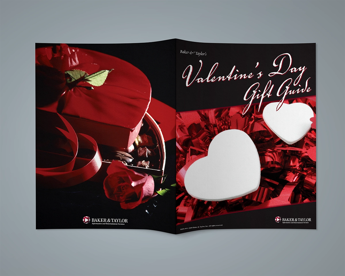 A mockup of a bifold brochure showing a listing of CDs featuring love songs and mood music appropriate for Valentine's day. The brochure is stylized with common themes for Valentine's day, including roses, chocolates, and hearts.