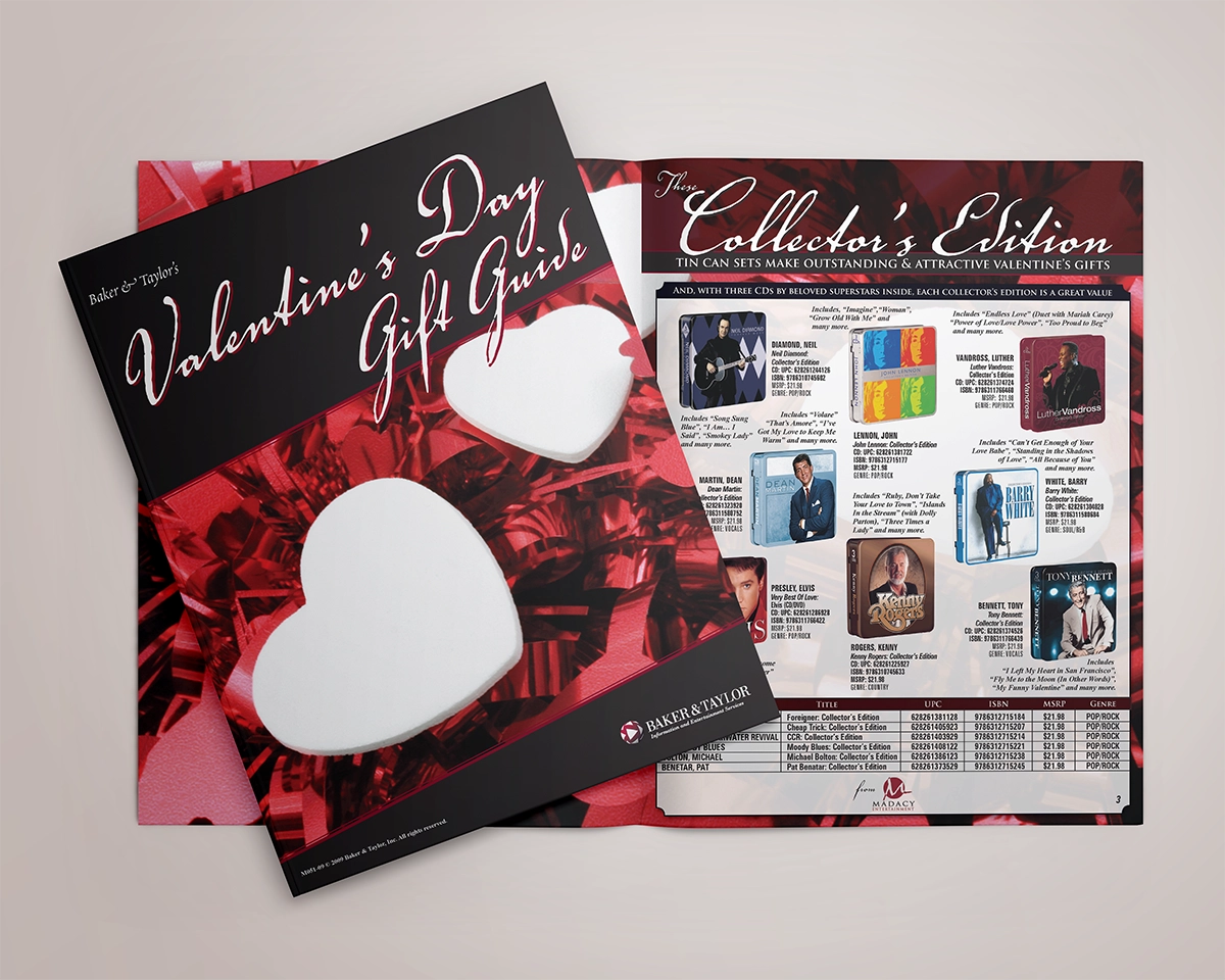 A mockup of a bifold brochure showing a listing of CDs featuring love songs and mood music appropriate for Valentine's day. The brochure is stylized with common themes for Valentine's day, including roses, chocolates, and hearts.