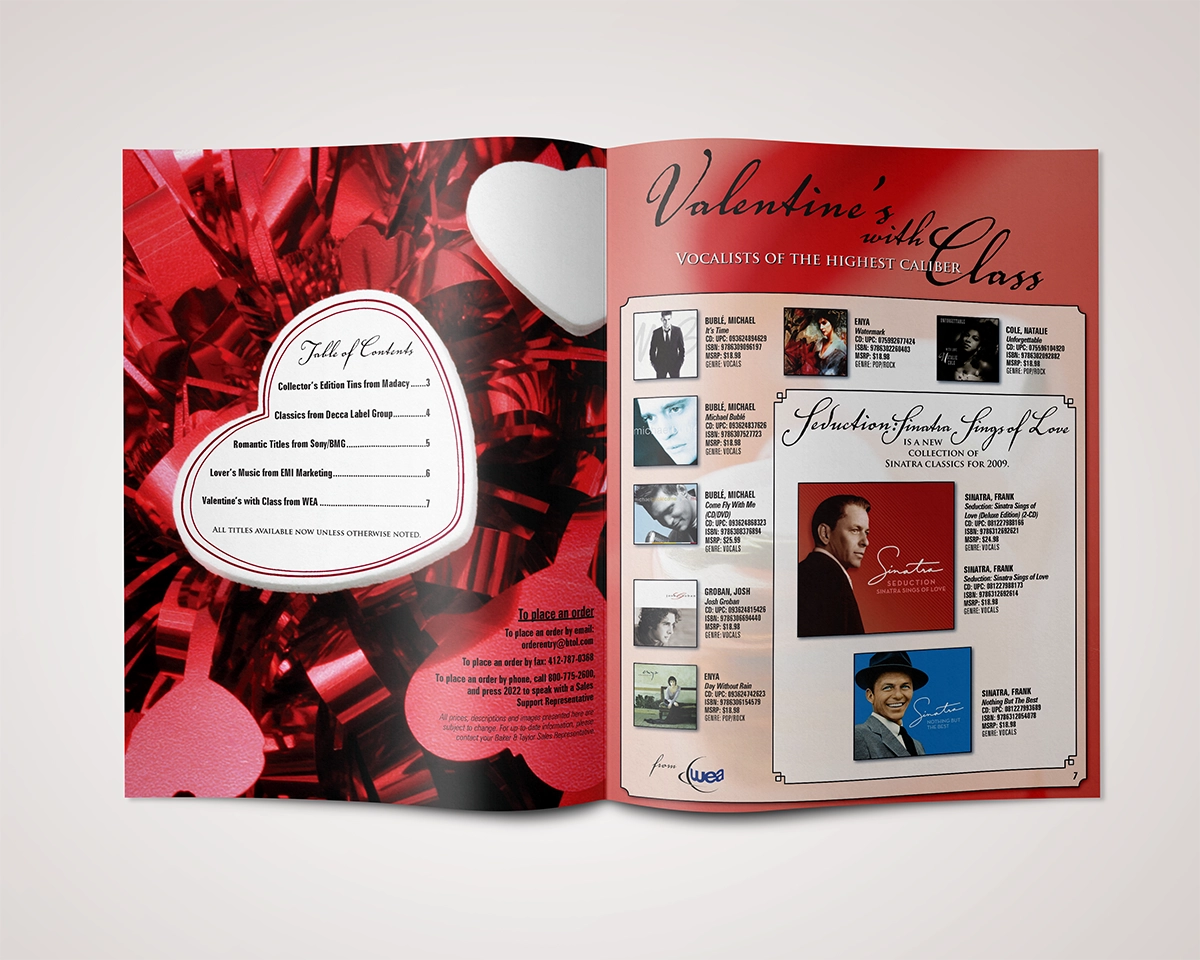 A mockup of a bifold brochure showing a listing of CDs featuring love songs and mood music appropriate for Valentine's day. The brochure is stylized with common themes for Valentine's day, including roses, chocolates, and hearts.