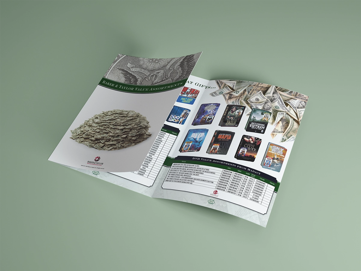 A mockup of a trifold catalog featuring titles that provice the most value for the price, like box sets and greatesst hits collections from top-tier artists. The aesthetic theme of the brochure features money, typefaces like Copperplate Gothic, and a green and white color palette.