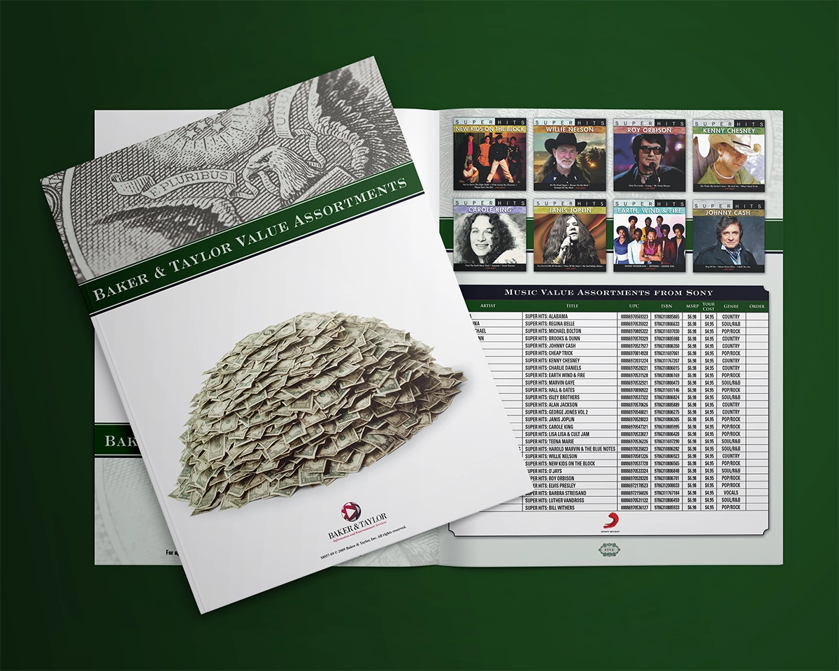 A mockup of a trifold catalog featuring titles that provice the most value for the price, like box sets and greatesst hits collections from top-tier artists. The aesthetic theme of the brochure features money, typefaces like Copperplate Gothic, and a green and white color palette.