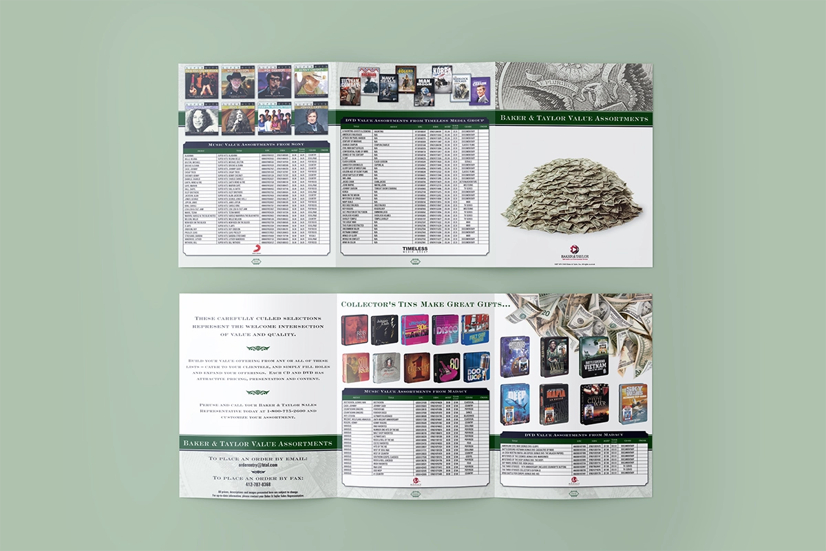 A mockup of a trifold catalog featuring titles that provice the most value for the price, like box sets and greatesst hits collections from top-tier artists. The aesthetic theme of the brochure features money, typefaces like Copperplate Gothic, and a green and white color palette.