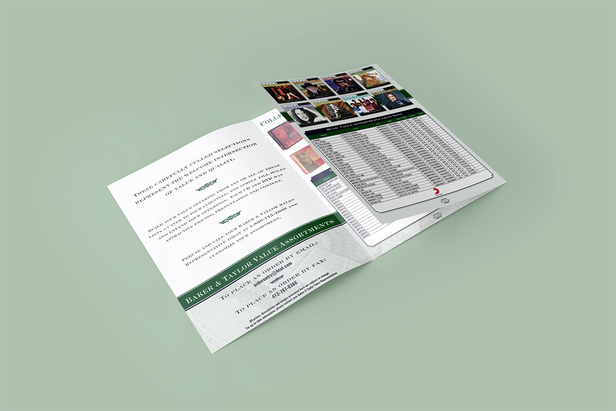 A mockup of a trifold catalog featuring titles that provice the most value for the price, like box sets and greatesst hits collections from top-tier artists. The aesthetic theme of the brochure features money, typefaces like Copperplate Gothic, and a green and white color palette.