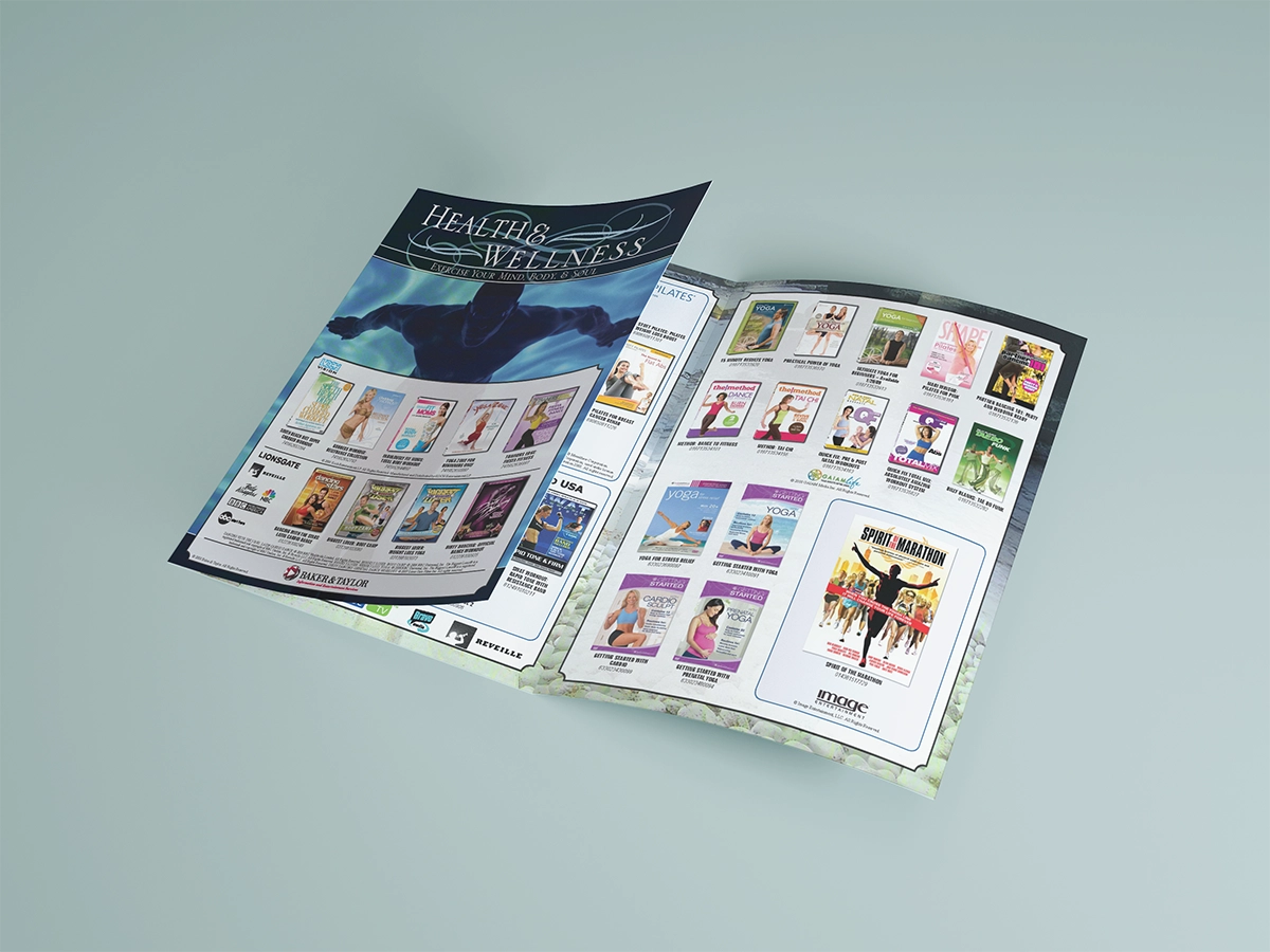 A mockup of a trifold catalog featuring titles about fitness, including workout programs, nutrition, guides, yoga, meditation, and more. Background imagery features people enganging in fitness activities like rock climbing, swimming, and meditation.