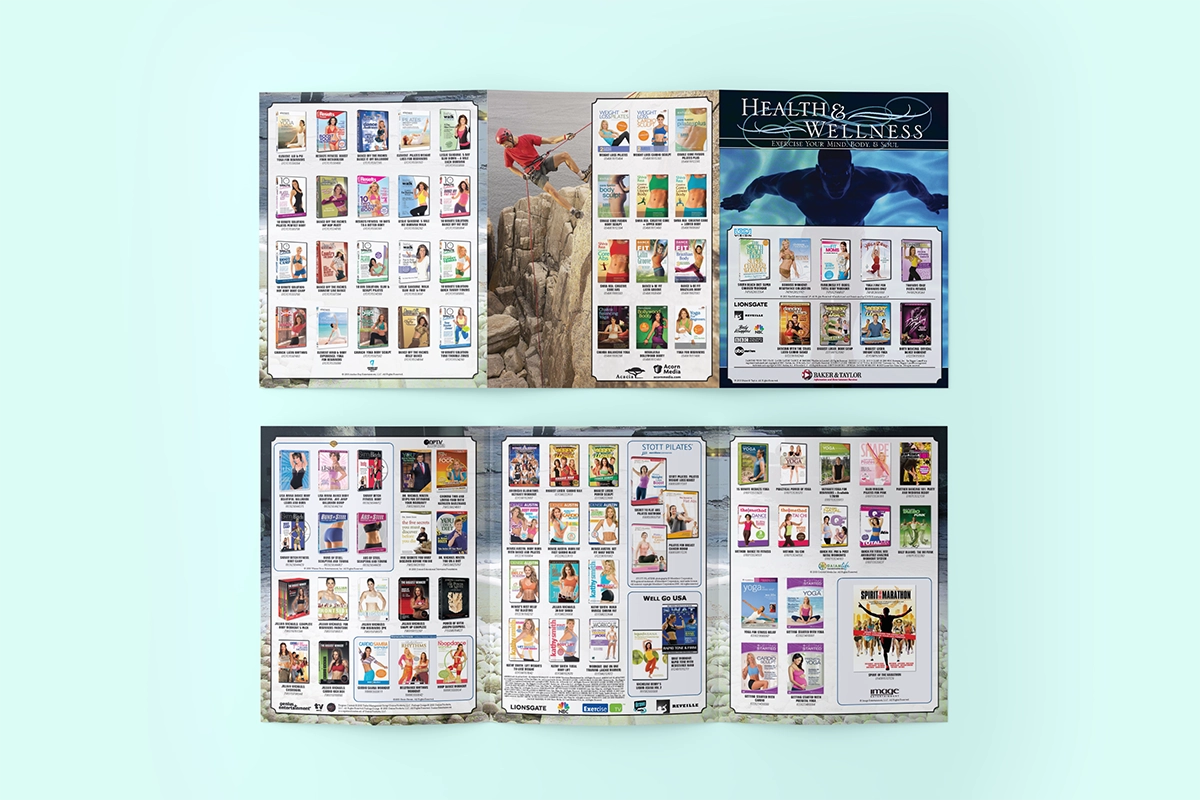 A mockup of a trifold catalog featuring titles about fitness, including workout programs, nutrition, guides, yoga, meditation, and more. Background imagery features people enganging in fitness activities like rock climbing, swimming, and meditation.