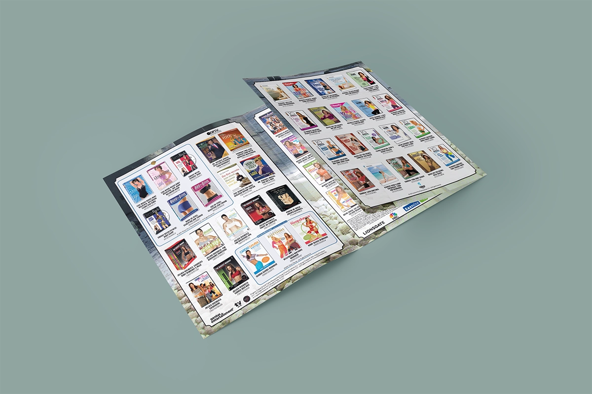 A mockup of a trifold catalog featuring titles about fitness, including workout programs, nutrition, guides, yoga, meditation, and more. Background imagery features people enganging in fitness activities like rock climbing, swimming, and meditation.