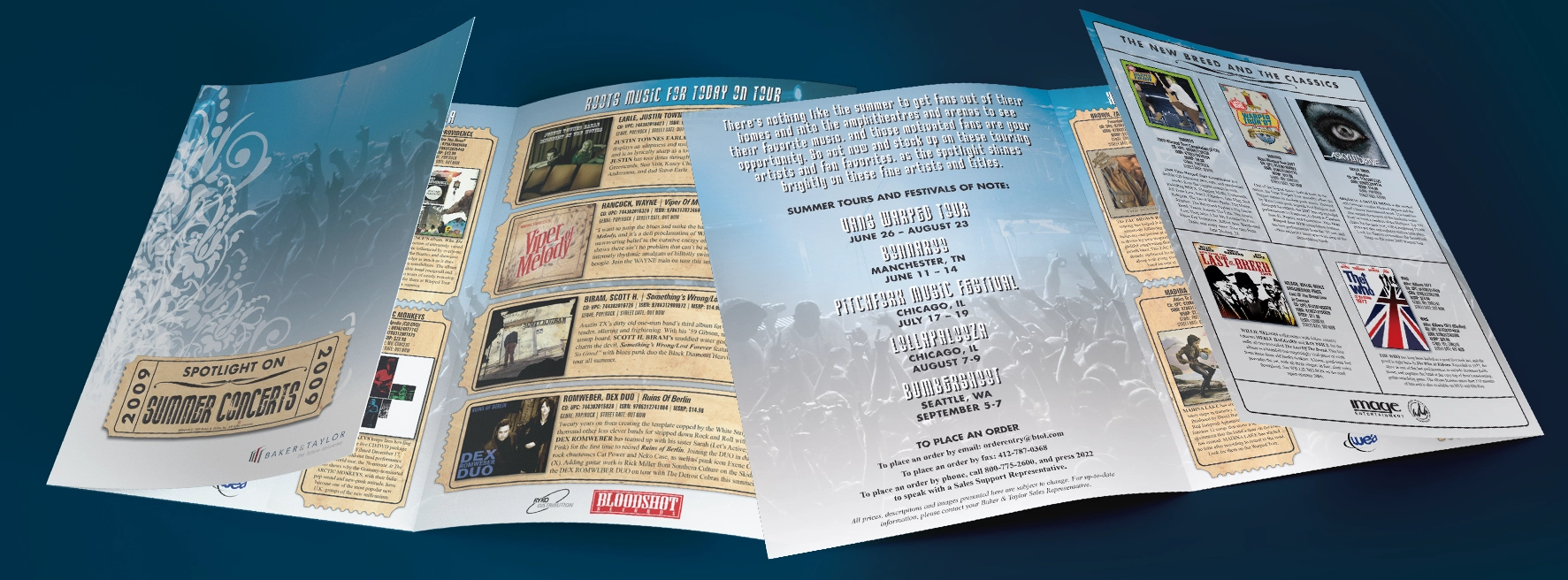 A mockup of a trifold brochure showing a listing of CDs from artists who are currently on tour. The brochure is stylized to present each CD on it's own ticket, and the brochure uses a brown paper texture for each ticket set on a light blue and white background with overlays of crowds cheering at concerts