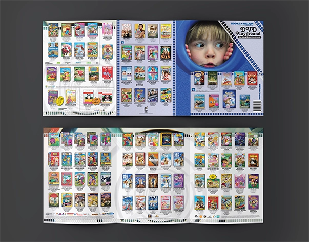 A mockup showing all six panels of a trifold brochure for a promotion fpr Books-a-Million called DVD Playground. The brochure features imagery of playground toys with a child peering though a submarine-style portal on the front. The DVD titles are set on a translucent background that references the shape of film, with the playground images showing through to create a leyered composition